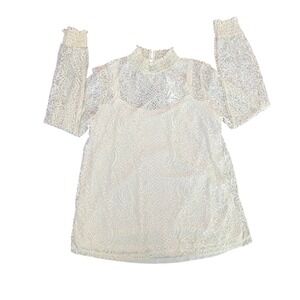 Cable & Gauge White Lace Smocked Mock Neck Long Sleeve Blouse NWT Large (1178)